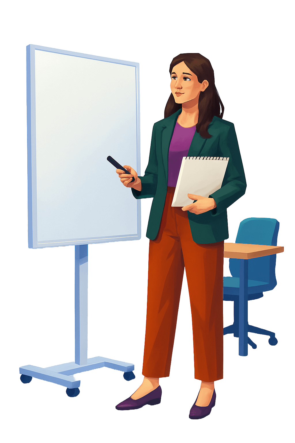 Woman standing next to a blank whiteboard holding a marker and a notepad, with a desk and chair in the background.