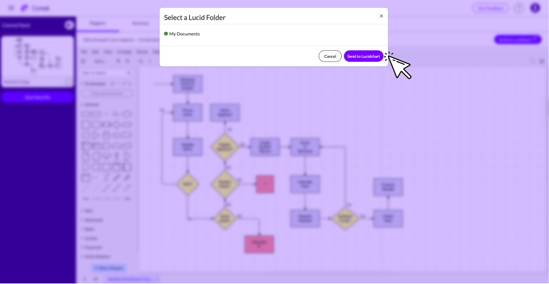 Popup window titled 'Select a Lucid Folder' showing 'My Documents' with Cancel and purple 'Send to Lucidchart' buttons, with cursor clicking the send button.