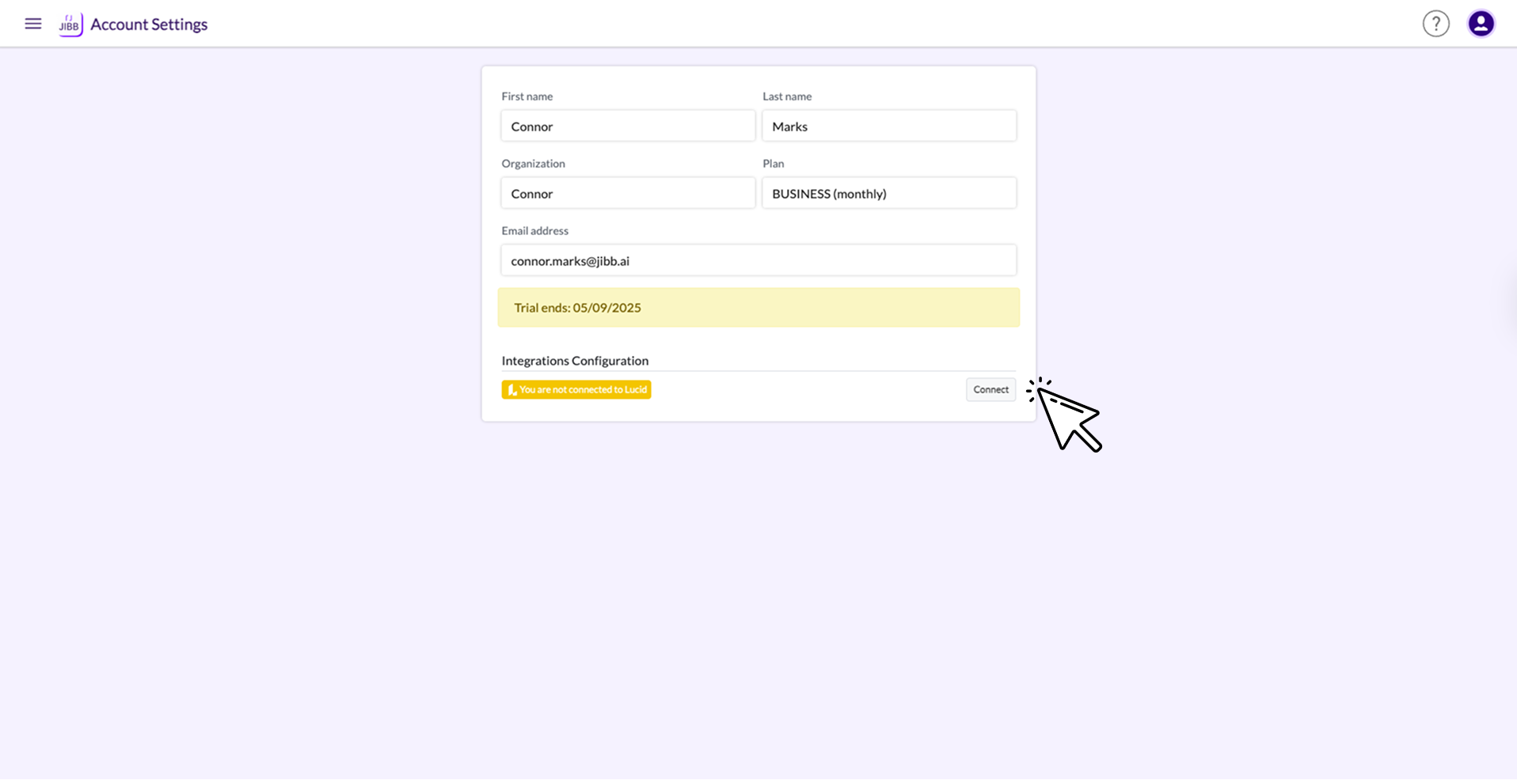 Account settings page showing user details like first and last name, organization, plan, email, trial end date, and an integrations configuration section with a Connect button being clicked.