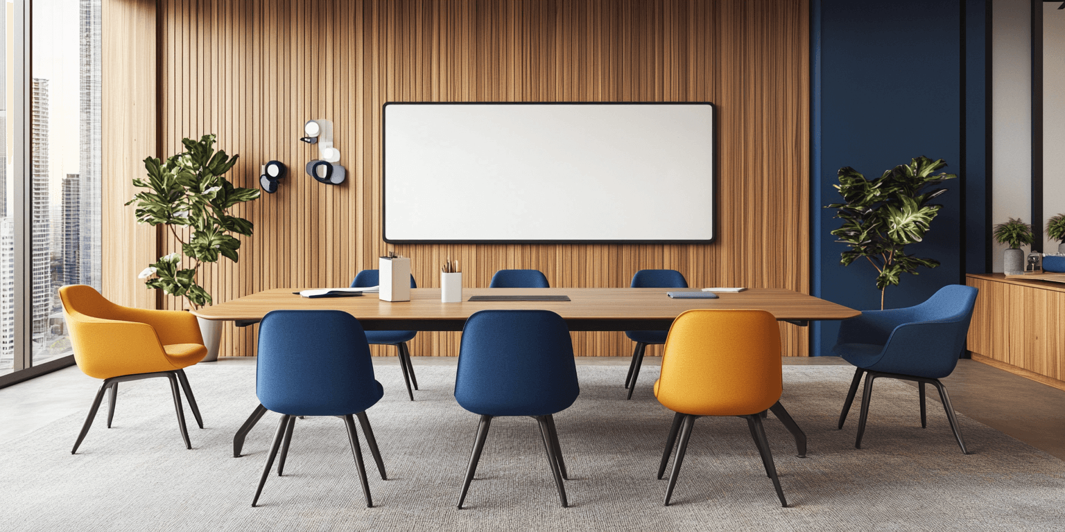 Modern conference room with wooden table, blue and yellow chairs, plants, and a blank whiteboard on wood-paneled wall.