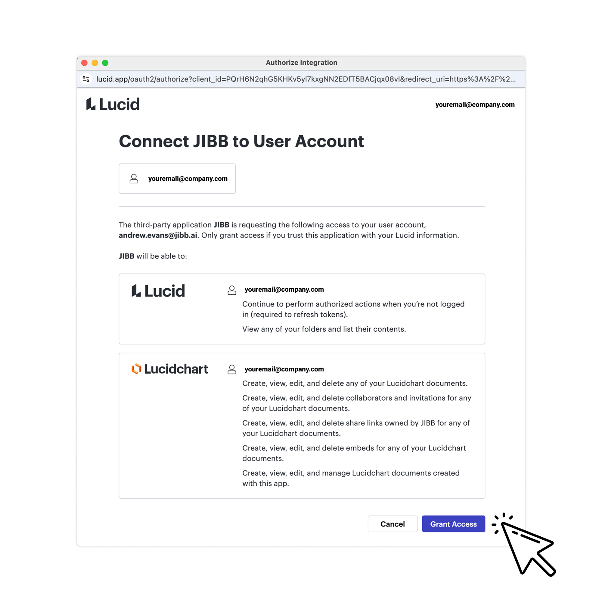 Authorization page on Lucid to connect JIBB to a user account with options to cancel or grant access.