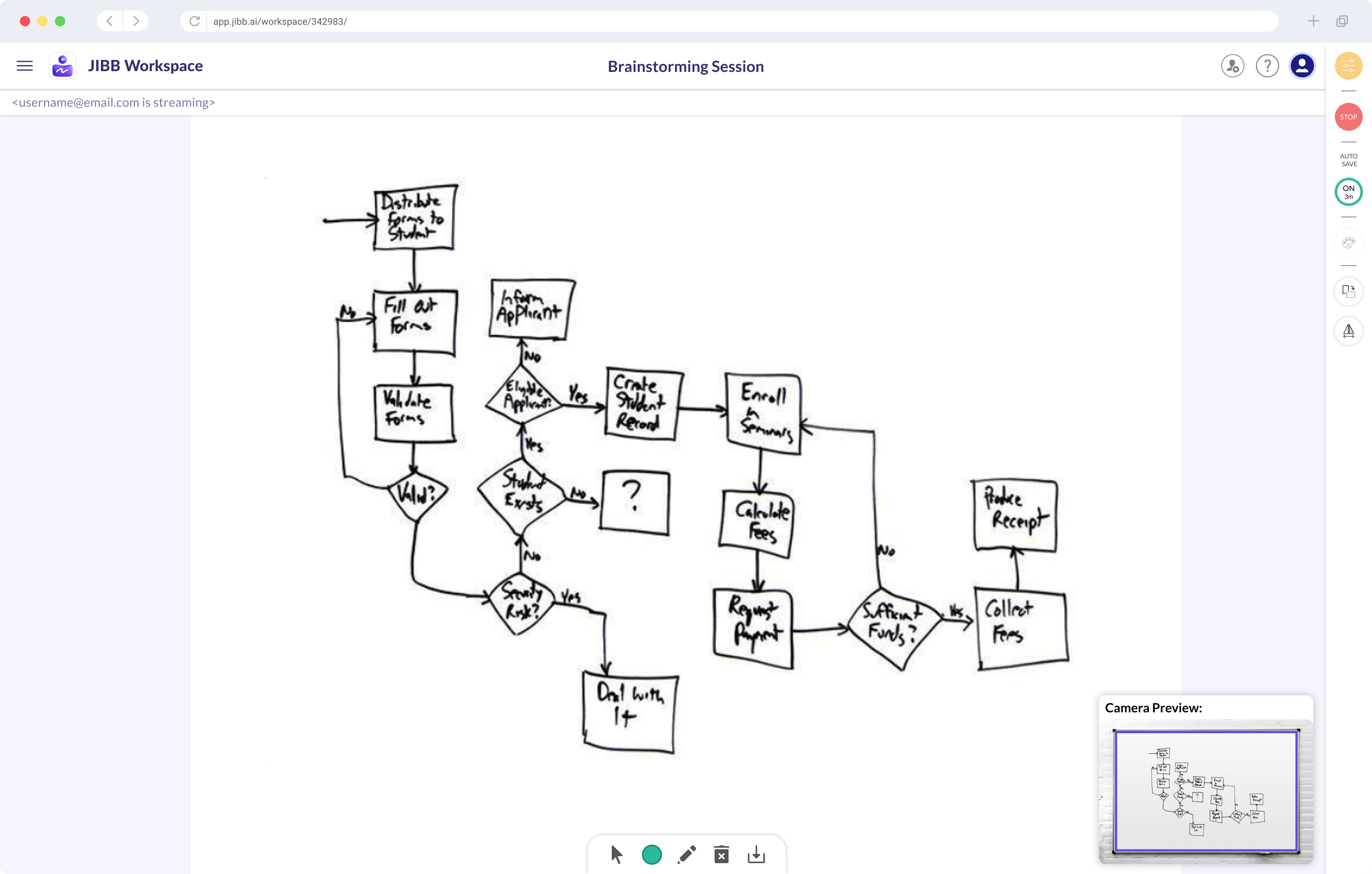 Hand-drawn flowchart depicting a student enrollment and fee collection process with decision points for form validation, applicant eligibility, student existence, security risk, funds sufficiency, and steps including form distribution, student record creation, enrollment, fee calculation, payment request, fee collection, and receipt production.