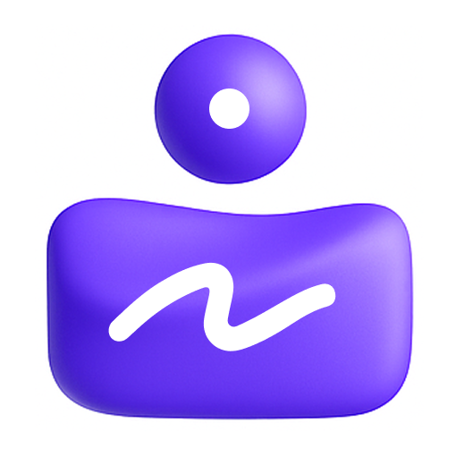 Abstract purple icon with a rounded rectangle featuring a white curved line and a hollow circle above it.