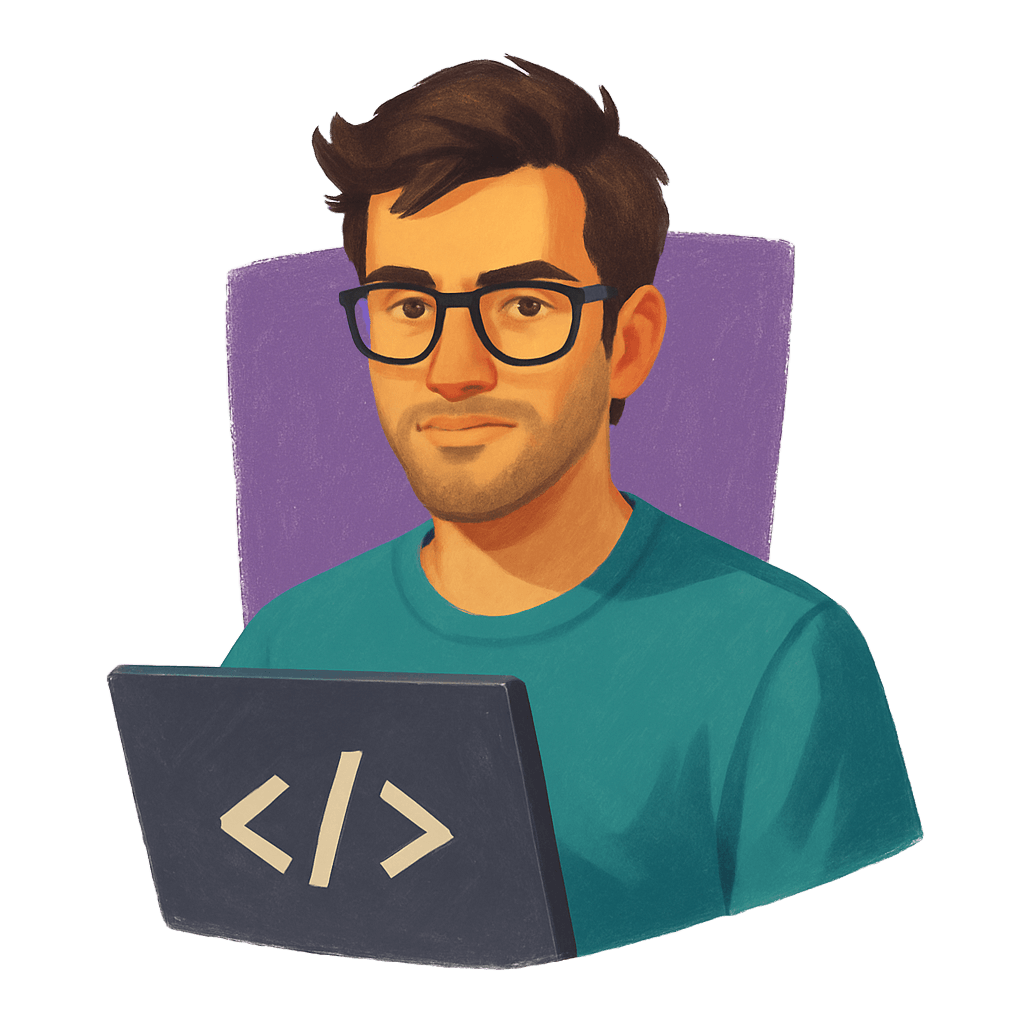 Illustration of a man with dark hair and glasses working on a laptop displaying code symbols.