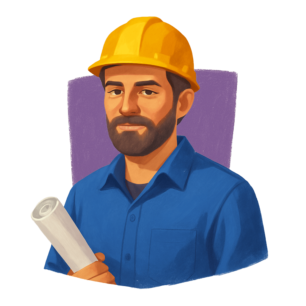 Illustration of a bearded construction worker wearing a yellow hard hat and blue shirt holding rolled-up plans.