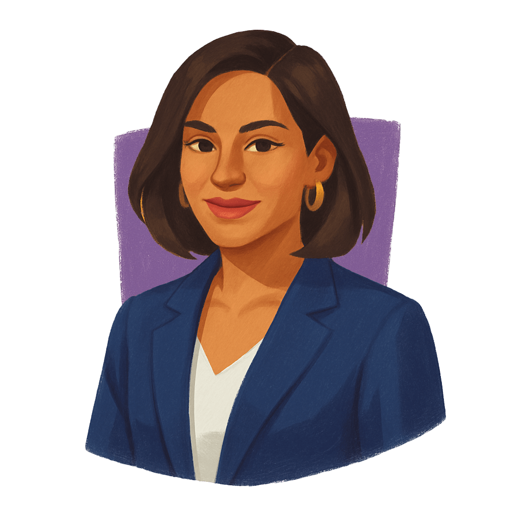 Illustration of a woman with shoulder-length dark hair, gold hoop earrings, wearing a blue blazer and white top against a purple background.