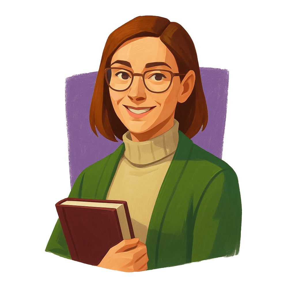 Illustration of a smiling woman with glasses, brown hair, wearing a green cardigan and beige turtleneck, holding a book.