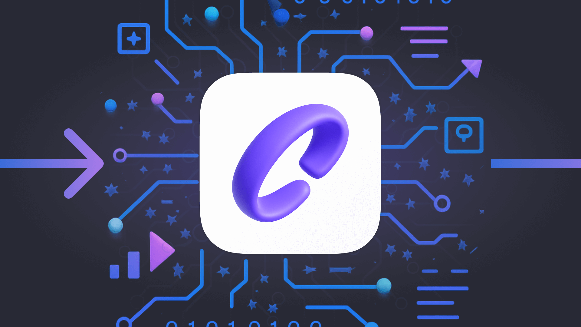 3D stylized purple letter C inside a rounded white square, with blue and purple circuitry and icons on a dark background.