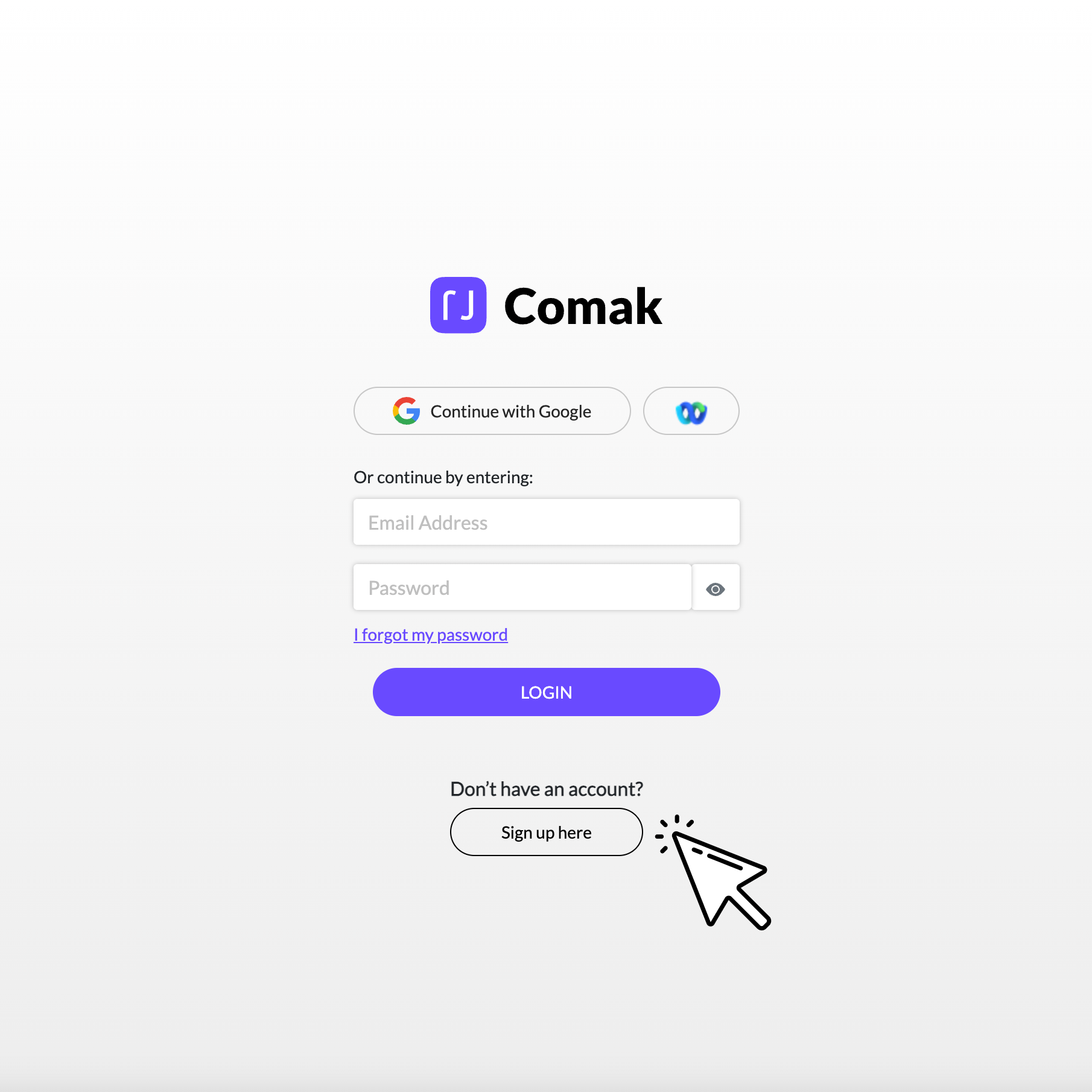Login page for Comak showing options to continue with Google or another service, email and password fields, a login button, and a prompt to sign up if no account.