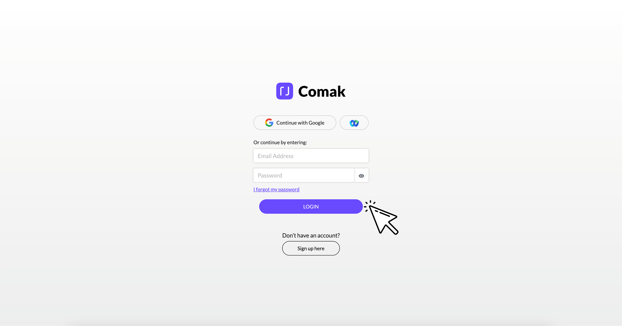 Login page for Comak with options to continue with Google or email and password, including a clickable login button and sign-up link.