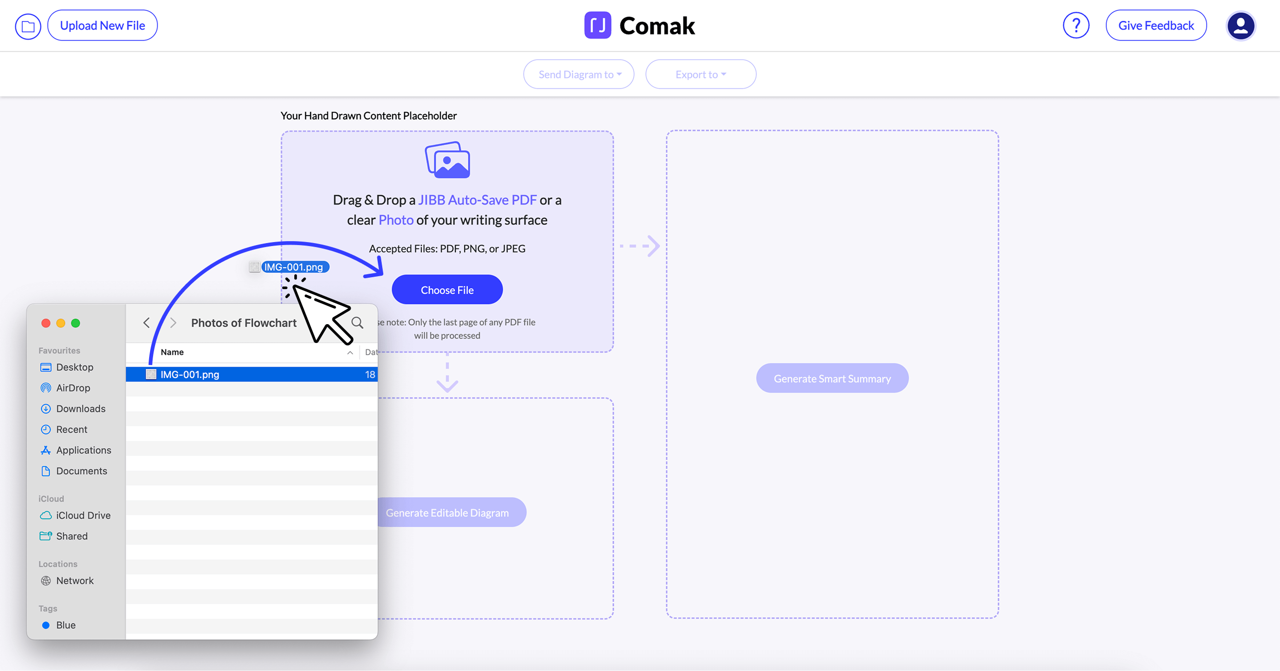 Screenshot of Comak interface showing drag and drop area for uploading JIBB Auto-Save PDF or photo files with a file browser window and cursor dragging file labeled IMG-001.png.