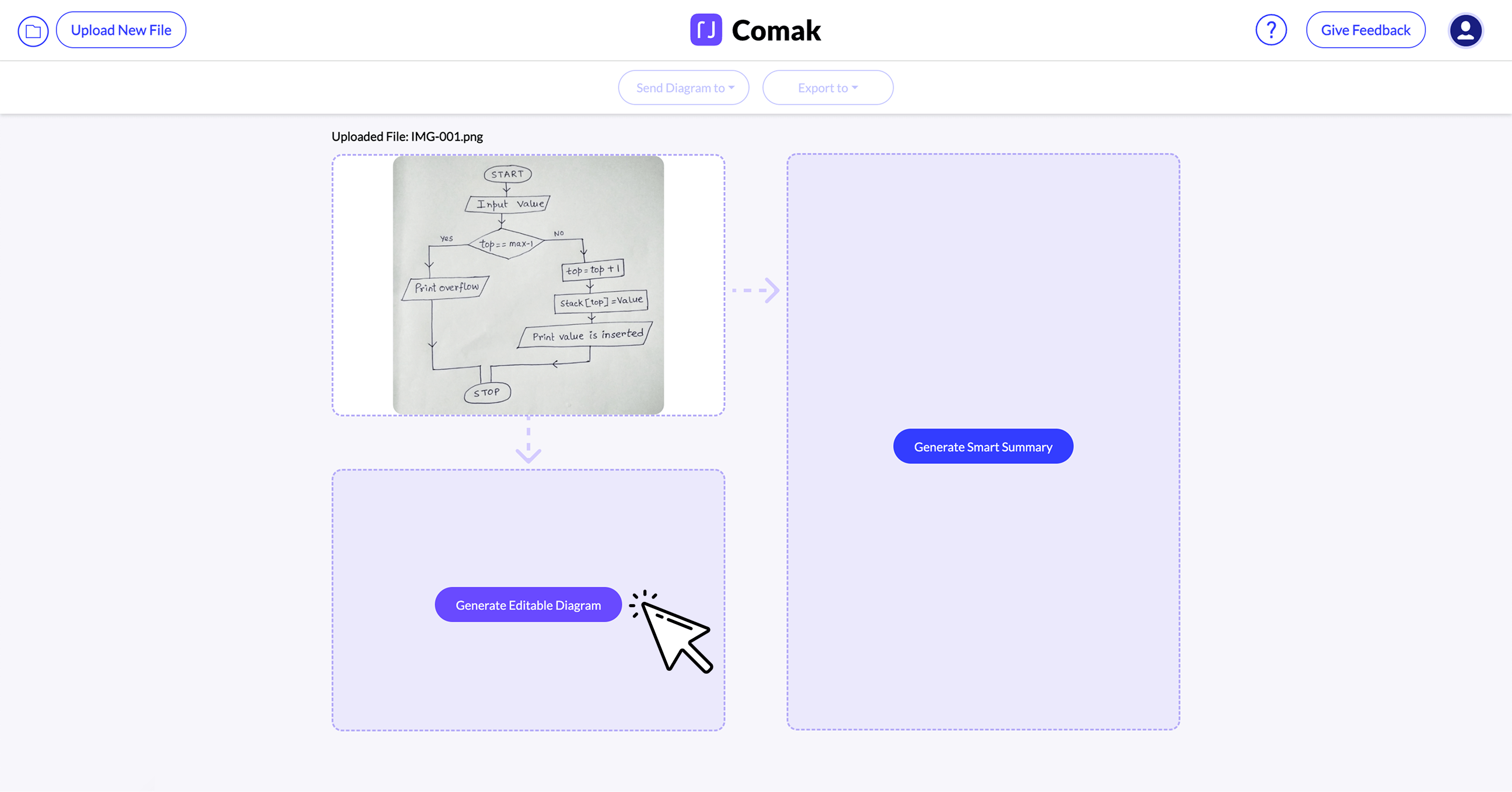 Screenshot of Comak interface showing an uploaded hand-drawn flowchart for stack overflow check, with options to generate an editable diagram or a smart summary.