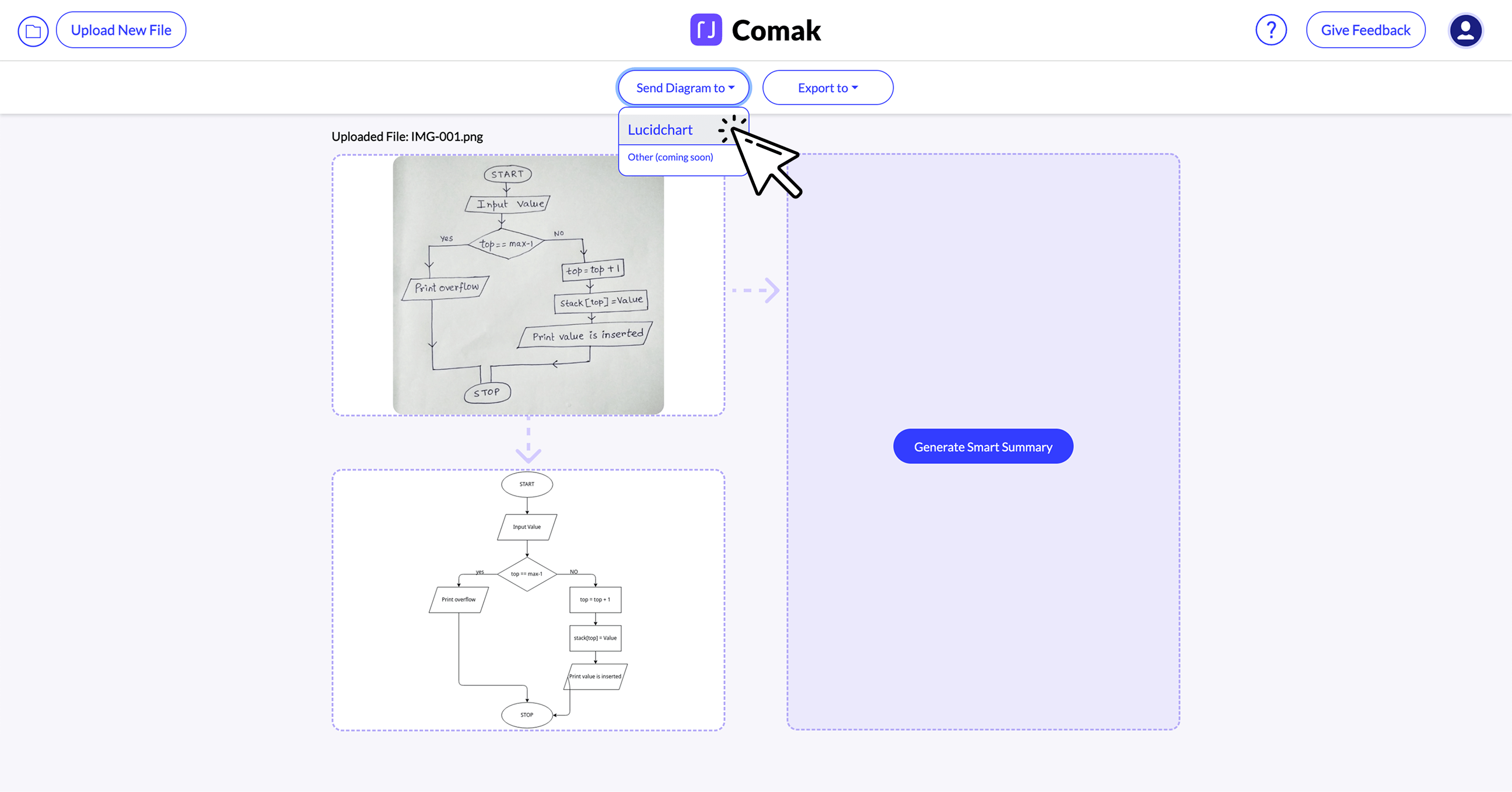 Comak interface showing upload of a handwritten flowchart and its converted digital flowchart with options to send diagram to Lucidchart and export.