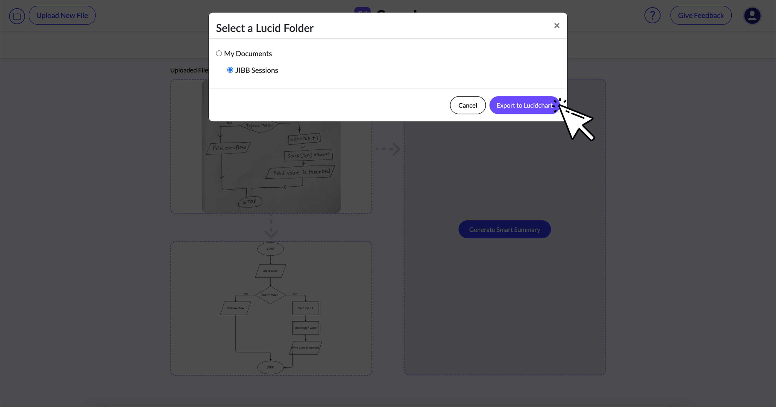 Popup window titled 'Select a Lucid Folder' with options My Documents and JIBB Sessions selected, showing Cancel and Export to Lucidchart buttons, cursor pointing to Export.