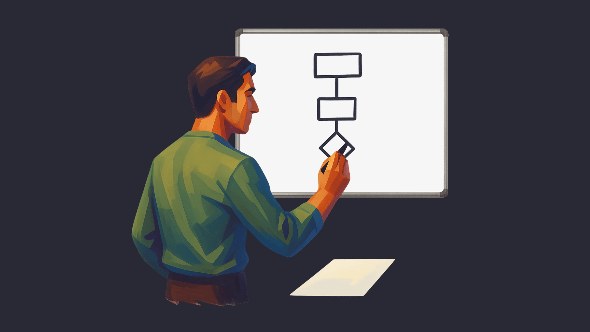 Man in green shirt drawing a flowchart with rectangles and diamonds on a whiteboard.