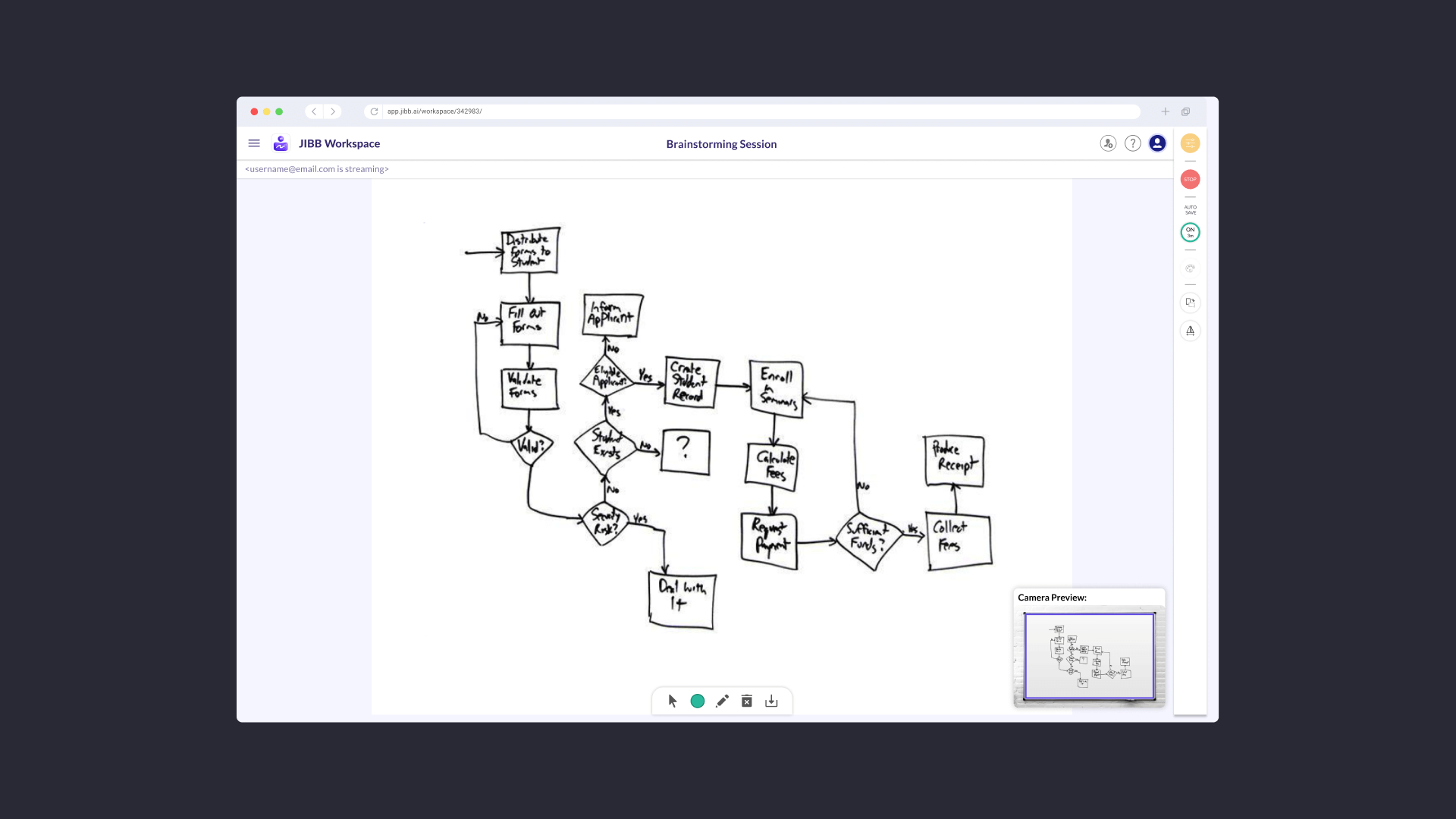 Hand-drawn flowchart showing steps for student enrollment, including form distribution, validation, eligibility check, enrollment, fee calculation, payment request, and receipt issuance.