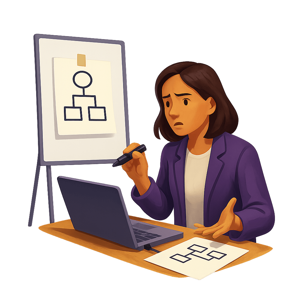 A worried woman in a purple blazer looks at a laptop and a chart, gesturing towards a flowchart on a whiteboard.